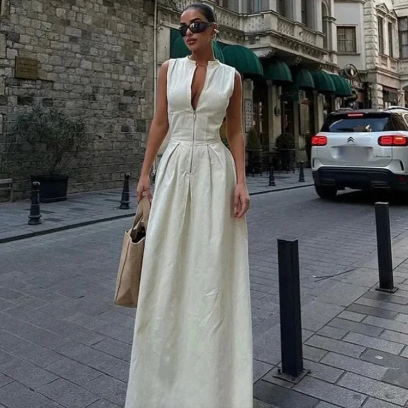 

Latest Fashion Women Sleeveless V Neck Bodycon Dress Elegant Office Wear Slim Fit Zipper Waist Long Maxi Dress With Side Slit