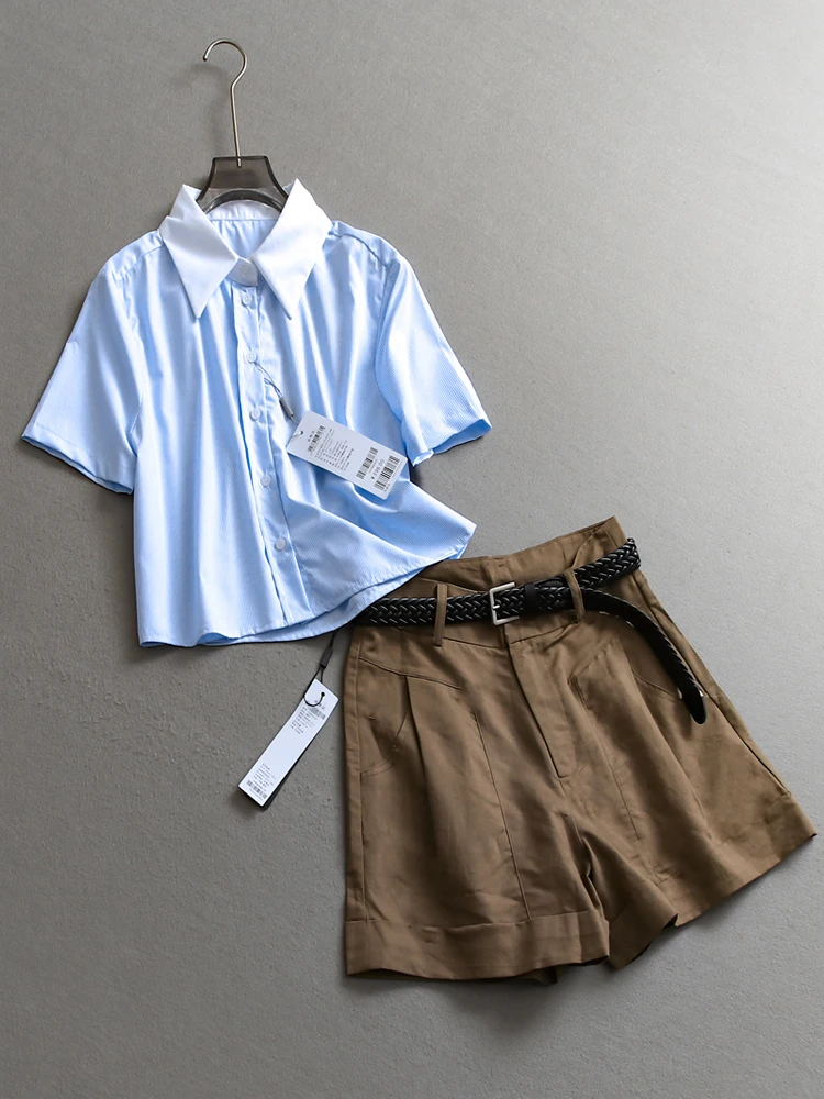 

Blue Striped Patchwork Collared Loose Short Sleeve Women's Shirt Set with Wide Leg Shorts Fashionable Summer Outfit X905