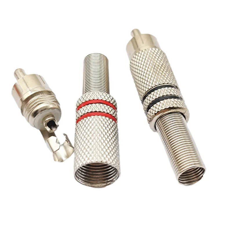 Metal RCA Lotus Male Welding  Head Nickel-plated Audio AV Monitor Connector With Metal Spring Cable Protector Red Black E2