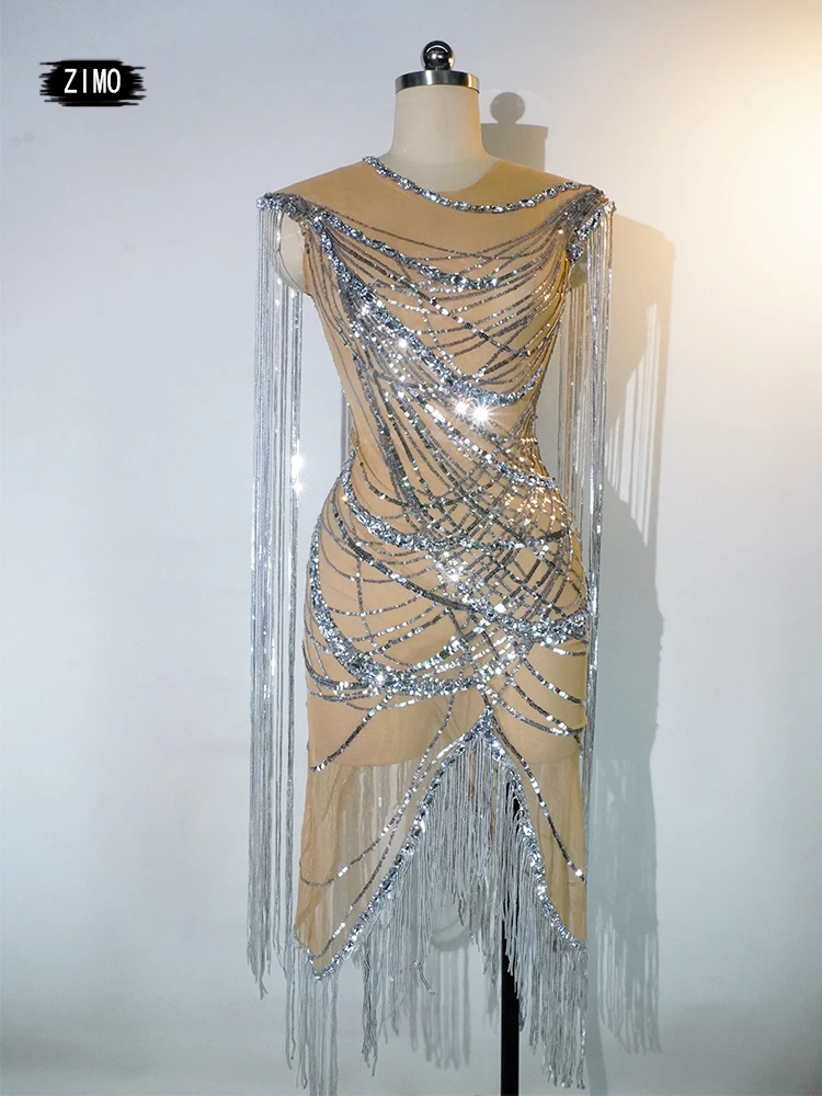 

2025STOCK Sparkly Rhinestone Fringe Dress Women Sexy Birthday Wedding Party Prom Drag Queen Costume Outfit Stage Wear Festival