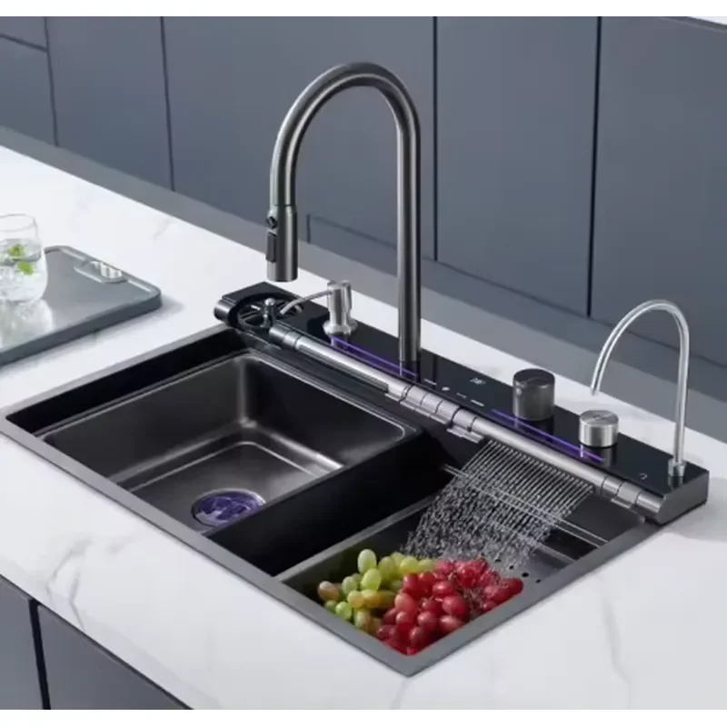 for Modern Popular Stainless Steel Waterfall Kitchen Sink Multi Function Cup Washer with Digital Display Anti Scratch