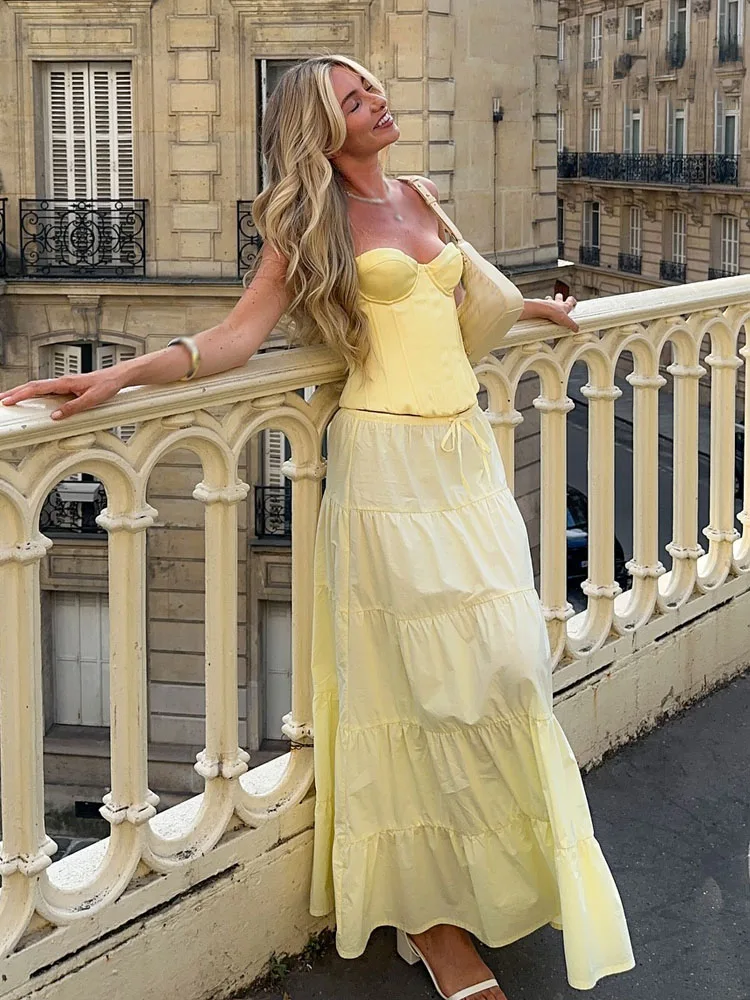 

HH Women Fashion Versatile Solid Cotton Layered Spliced ​​Long Skirt Female Elegance Mid-waist Bow Lace-up Slim Skirt Mujer