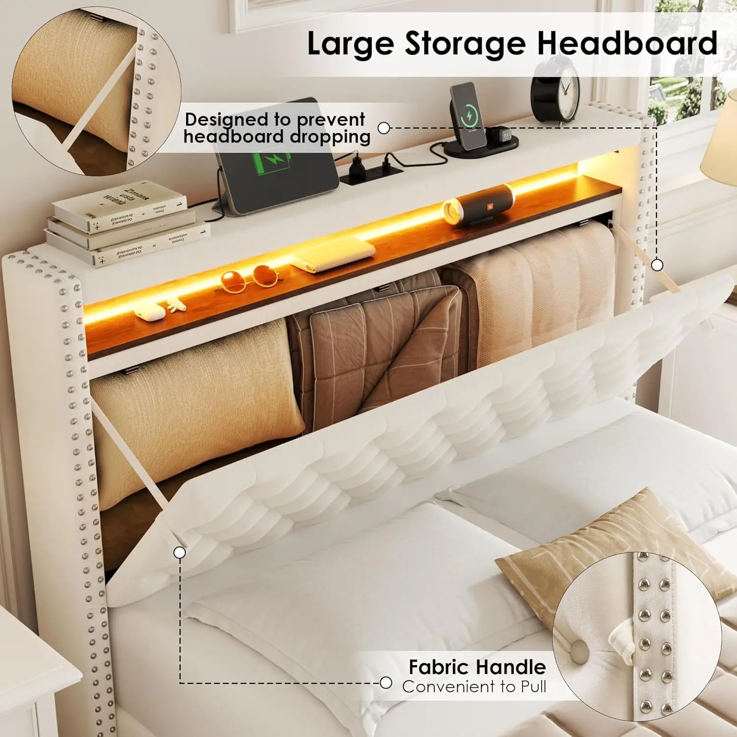 Queen LED Storage Bed Frame USB Charging Velvet Upholstered 2 Drawers Tufted Headboard No Box Spring, Customized image 6