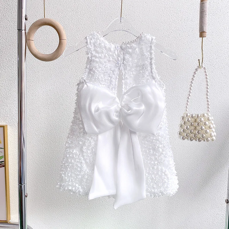 Summer Baby Girls Dress Lace Flowers Design Back Bow Kids Sleevess Dresses Children Vest Dress Kids Formal White Princess Dress