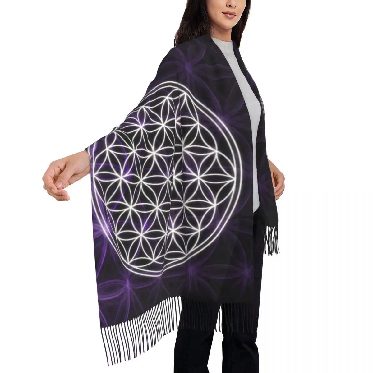 Flower Of Life Sacred Geometry Tassel Scarf Women Soft Geometric Pattern Mandala Shawl Wrap Ladies Winter Fall Scarves