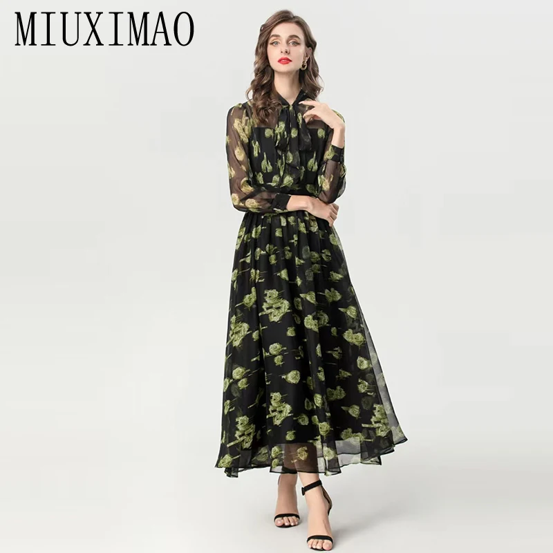 MIUXIMAO 2025 ชุดเดรสฤดูใบไม้ร่วงแฟชั่นชุดเดรสยาวแขนยาวพิมพ์ลายดอกไม้สีเขียวชุดสีดำผู้หญิงเวสติดส์โบว์