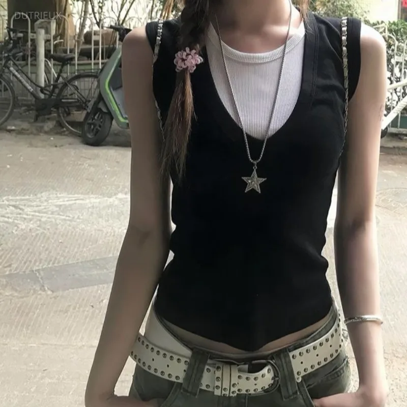 Y2k Fake 2 Pieces T Shirt For Women Color Blocking Vintage Versatile Short Tank Tops Spring Summer Ropa De Mujer