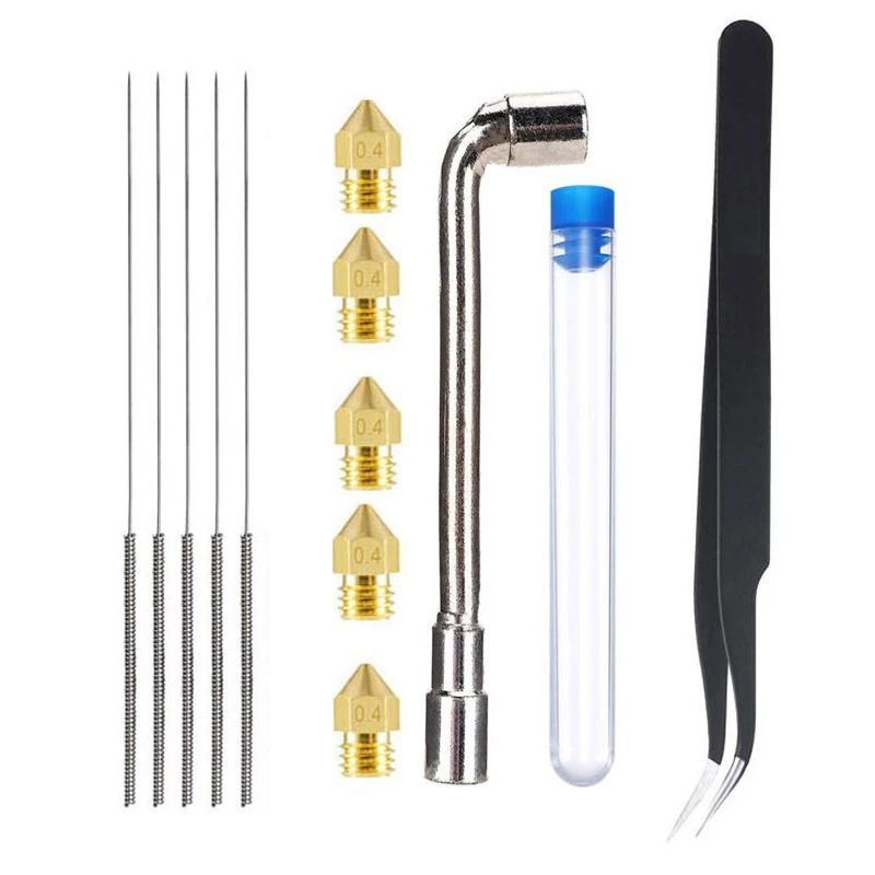 

Комплект насадок MK8 для Ender 3/3 V2/5, CR-10, насадки 0,4 мм с пинцетом, игла для чистки, аксессуары для 3D-принтеров, набор для обслуживания