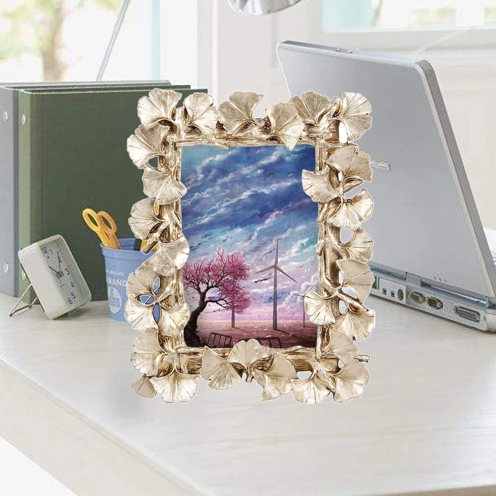 

European Style Gold Ginkgo Leaf Picture Frame Sturdy Resin Desktop Wall Mountable Photo Frame for Living Room Bedroom