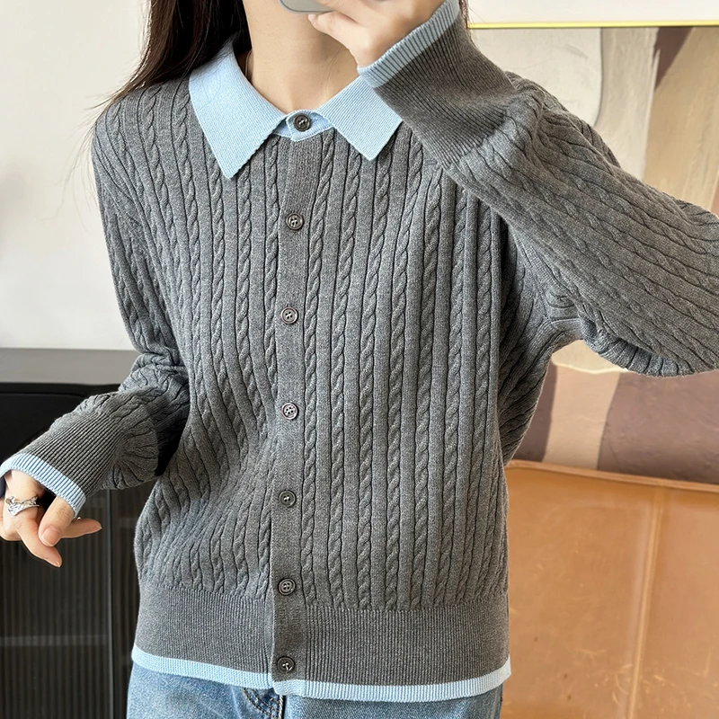 Spring 2026 College Style Womens Cardigan 100 Cotton Knitted Sweater Coat Soft Flannel Long Sleeve Color Block Collar polo shirt