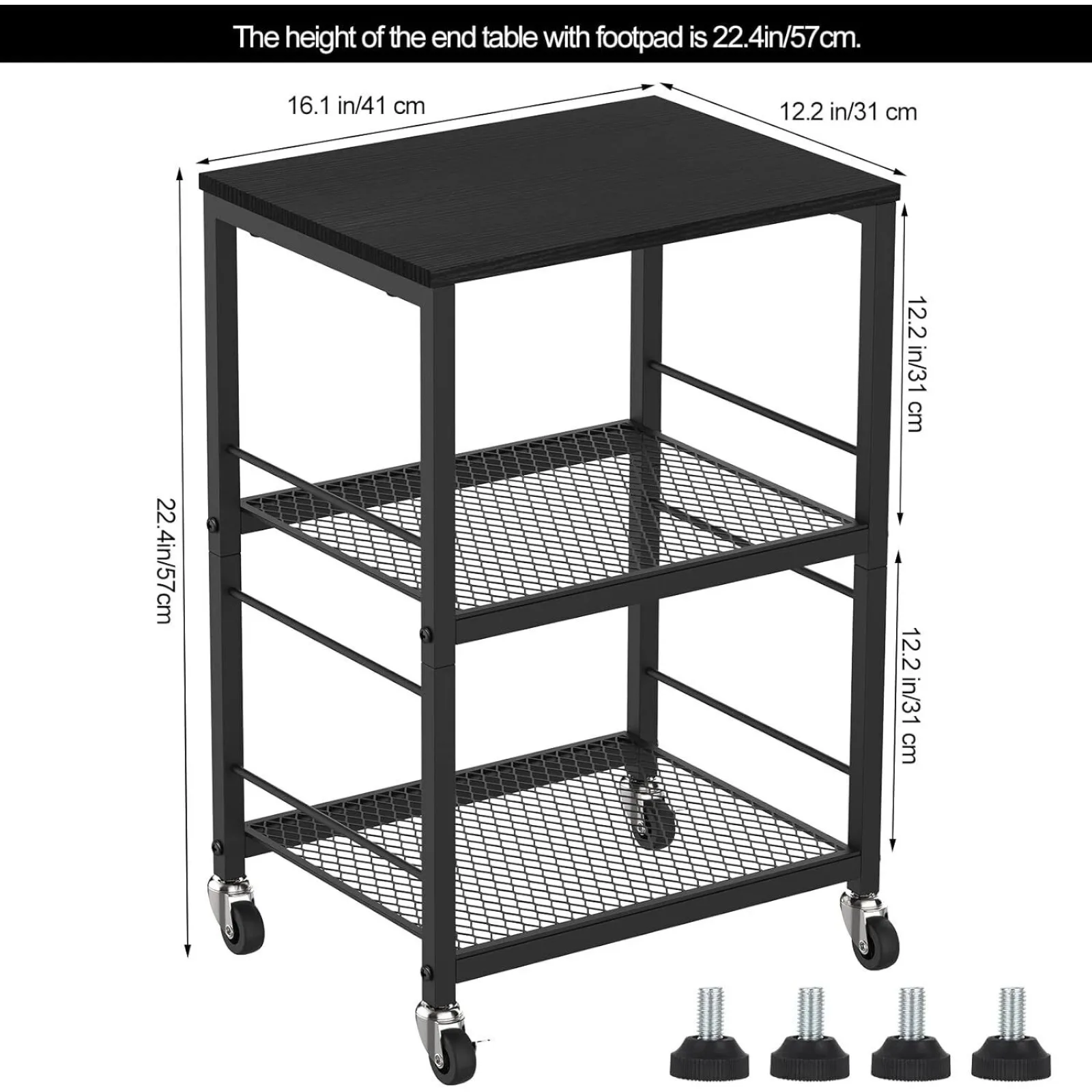 US Industrial 3 Tier Small Side Table Black Mesh Shelve, Wheels for Bedroom Kitchen