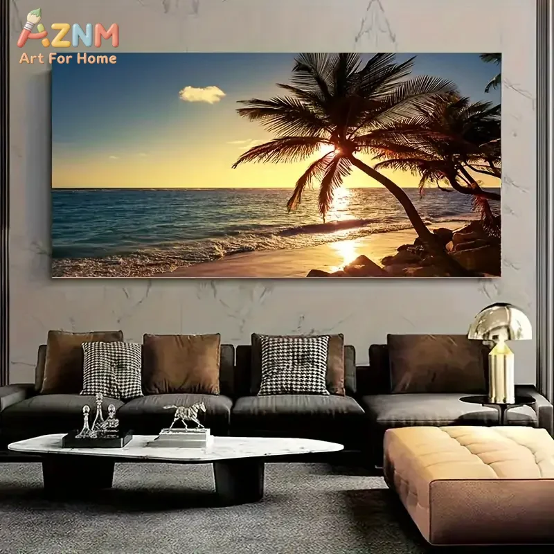 AZNM Tropical Beach Sunset Palm Tree Canvas Wall Art Print, Ocean View Seascape Poster for Living Room Home Decor, No Frame
