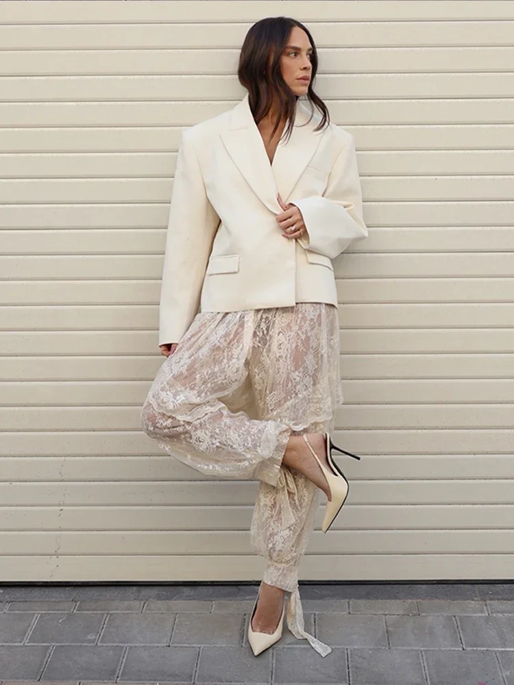 

Fashion Women Lace Transparent Trouser Chic Floral Lace Up Wide Leg Pant Summer 2026 High Street Solid Elegant Commute Office