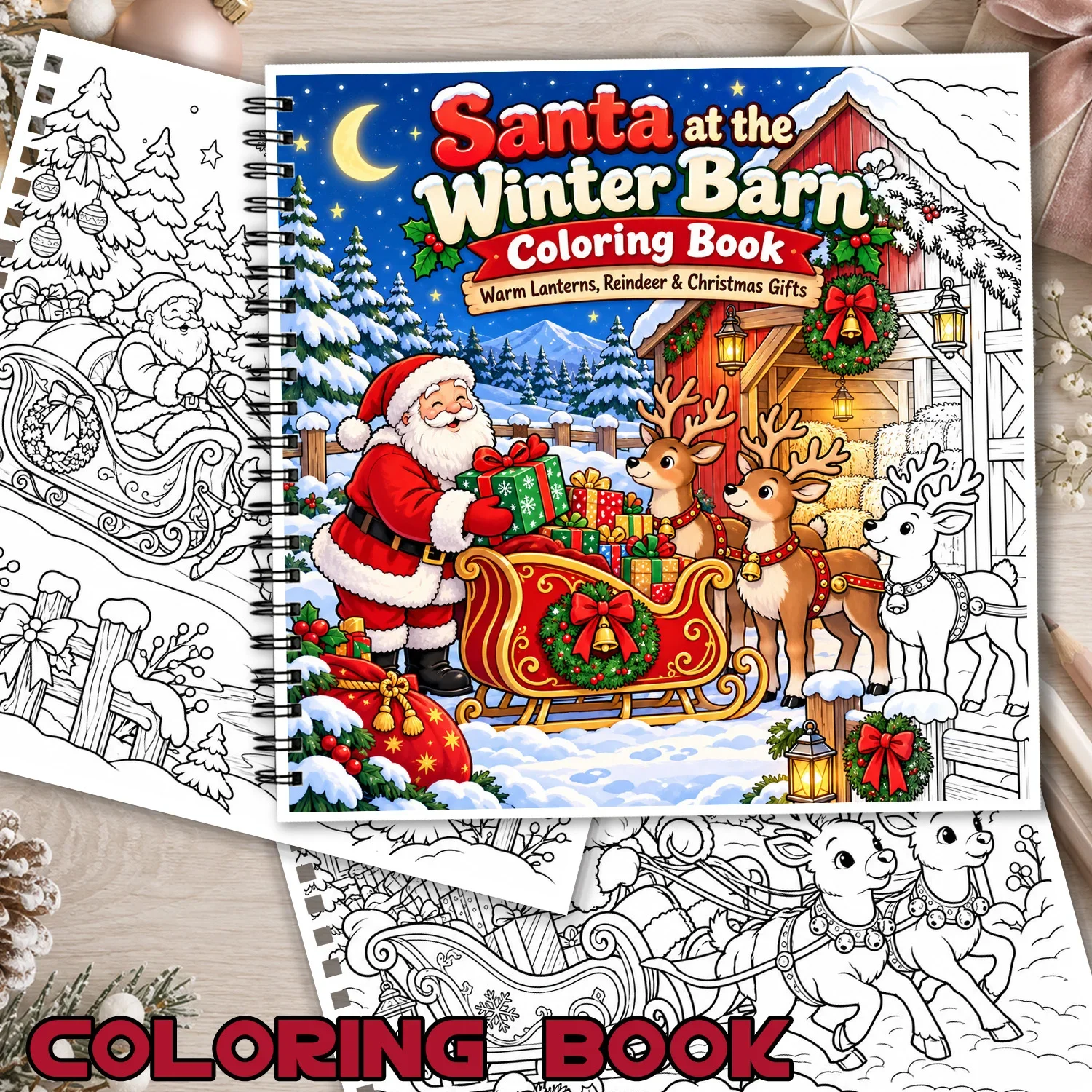 Santa Winter Barn Scene Coloring Book 24Pages Showcasing Creativity & Relieving Stress Design Spiral Bound Holiday Art Activity