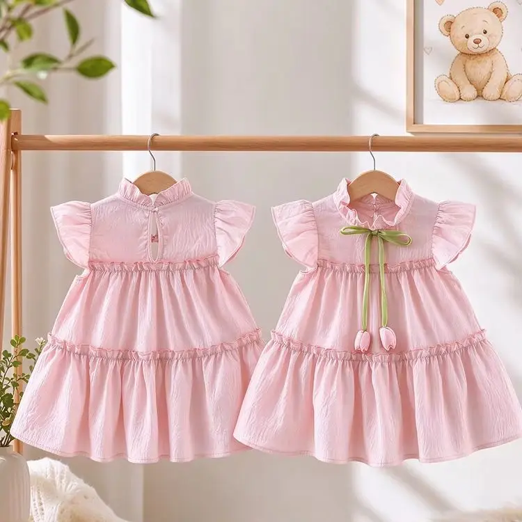 0-4 Y Baby Girls Solid Color Flying Sleeves Tulip Dress Fashion Summer Thin Soft Children Clothing Toddlers' Skin-friendly Wear