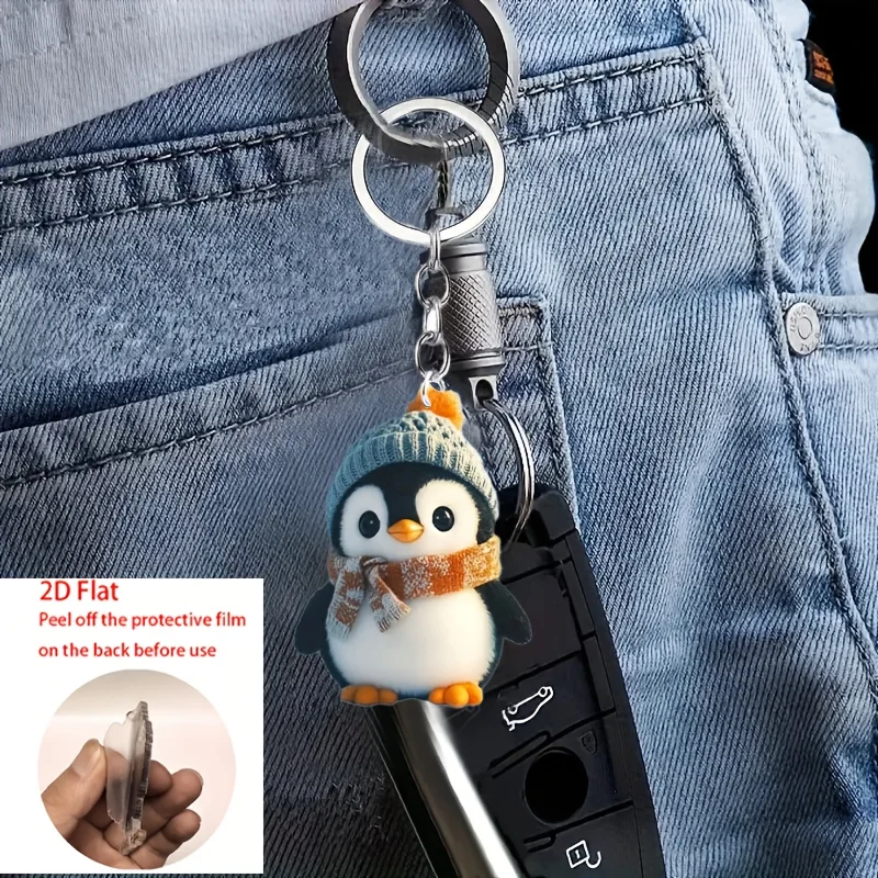 2D Cute Penguin Keychain Wearing Hat Hanging Ornament Acrylic Car Backpack Accessory Perfect Gifts for Halloween Christma Party view 4