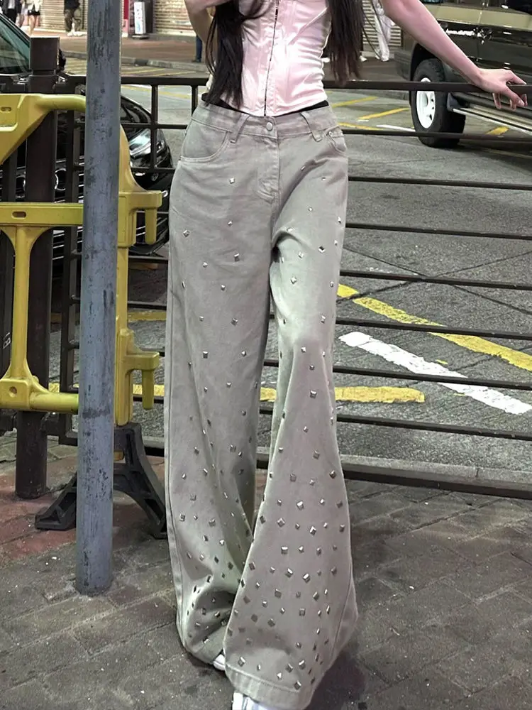

Винтажные серые готические джинсы Y2k, женские мешковатые джинсовые брюки с заклепками в стиле Харадзюку, уличная одежда, широкие брюки бойфренда 2000-х, 90-х годов