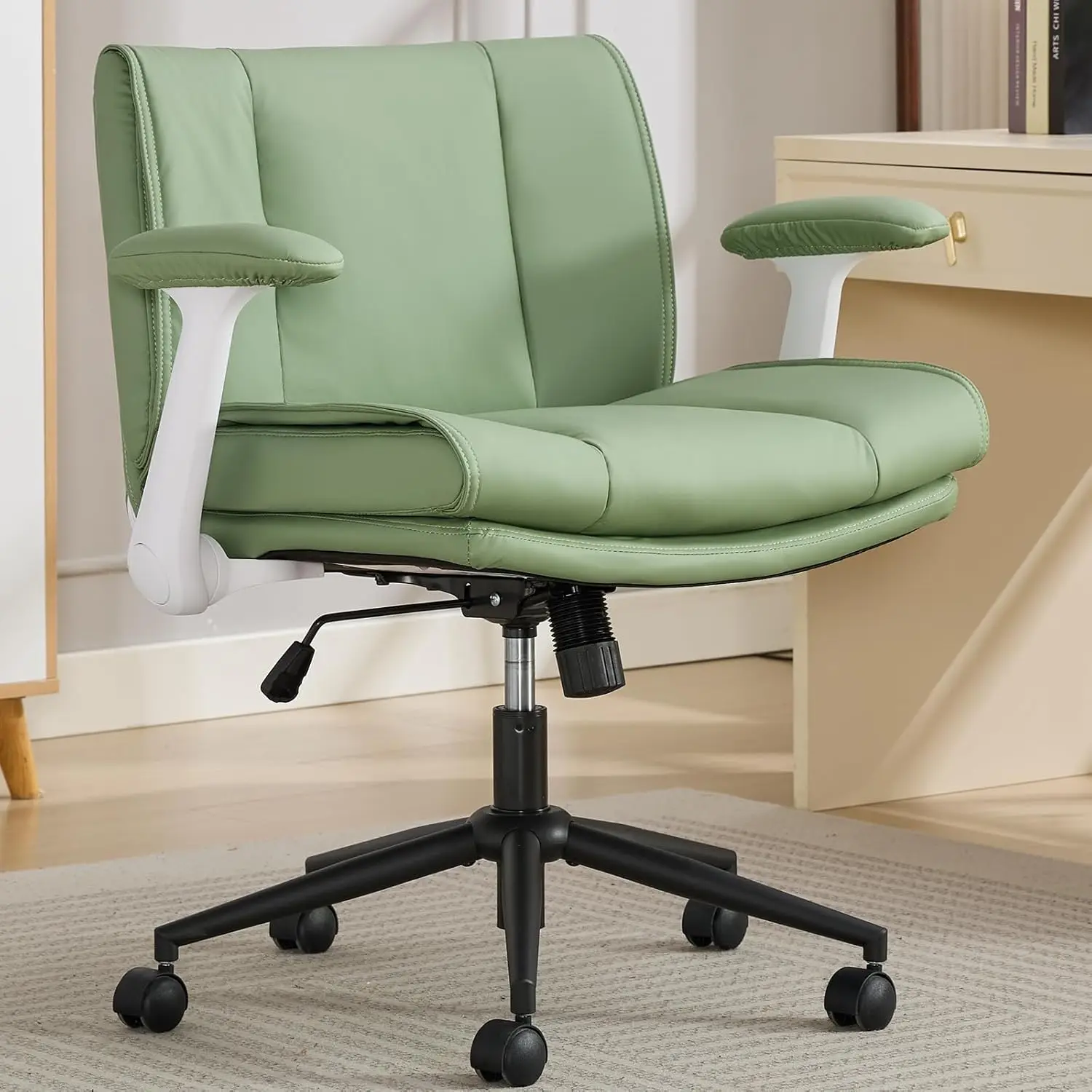

Criss Cross Chair with Flip-Up Armrests, Modern Green Leather Office Chair, Ergonomic, Cross Legged, Adjustable Height, 36 Inche