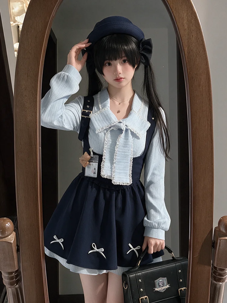 Sweet Style Blue Shirt And Overalls Women's Fashion Set Lightweight Autumn Winter Japanese Culture Small Size Two-Piece Suit