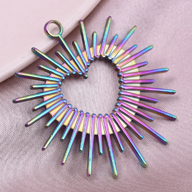 6pcs/Lot Cute Three Layered Heart Pointed Cone Cross Charms For Jewelry Making Supplies Rainbow Color Stainless Steel Pendants