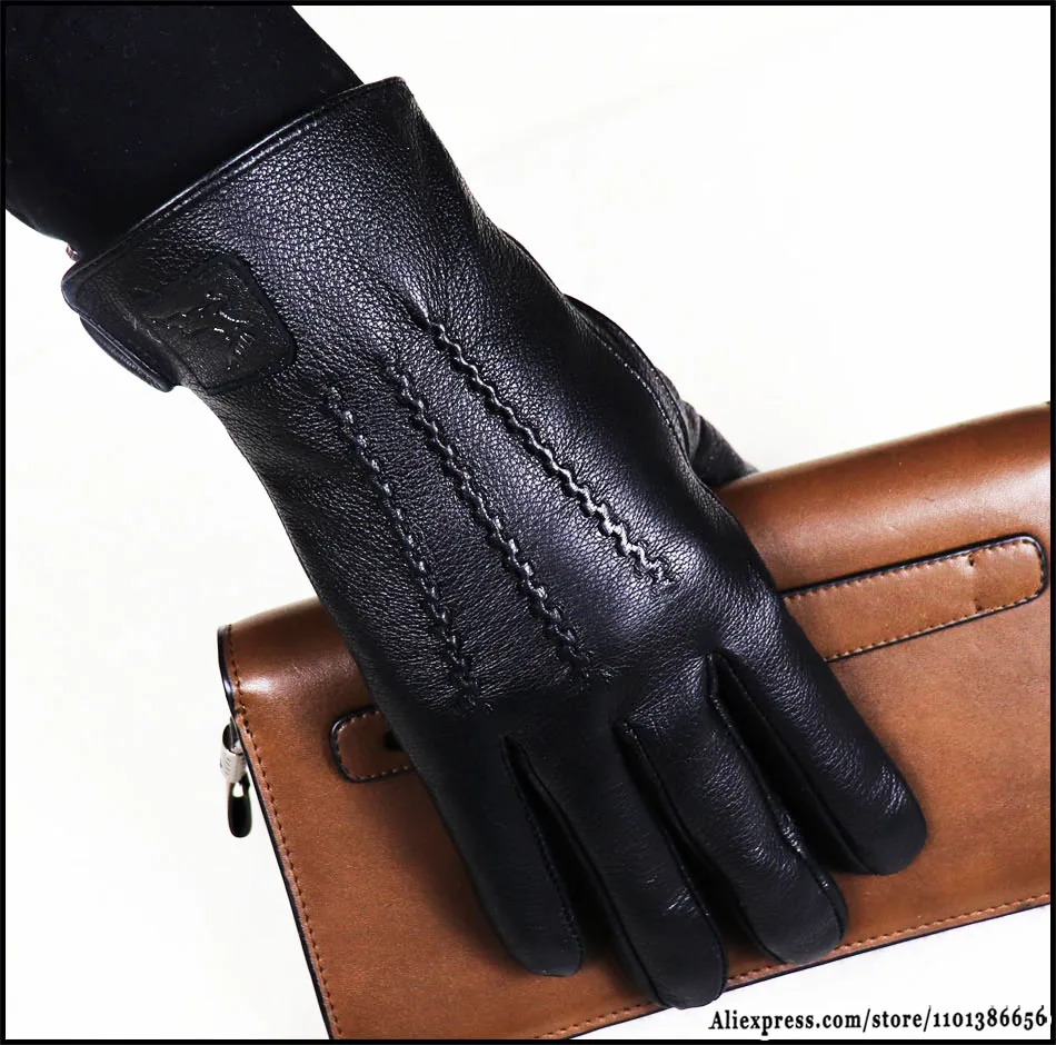 Hochwertige Herren-Lederhandschuhe, Hirschleder-Textur-Ziegenlederhandschuhe, winterwarme Flanellwolle, die mit dünnen und dicken Lederhandschuhen gestrickt ist, Fahrrad- und Fahrlederhandschuhe – Detail 23