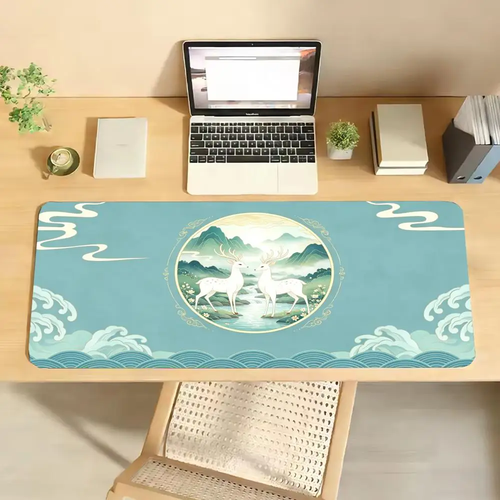 Classic Koi Fish Full Moon Wave Large Desk Mat, Pastel Purple Oriental Auspicious Print  Non Slip Extended Keyboard Pad