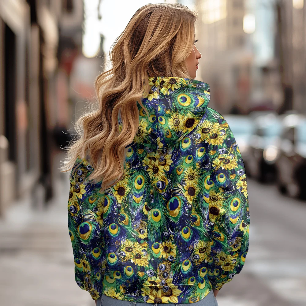 

Peacock Sunflower Women Jackets Coats Printed Zip Up Hoodie Fleece Lined Winter ​Warm Streetwear Motorcycle Outwear Clothing
