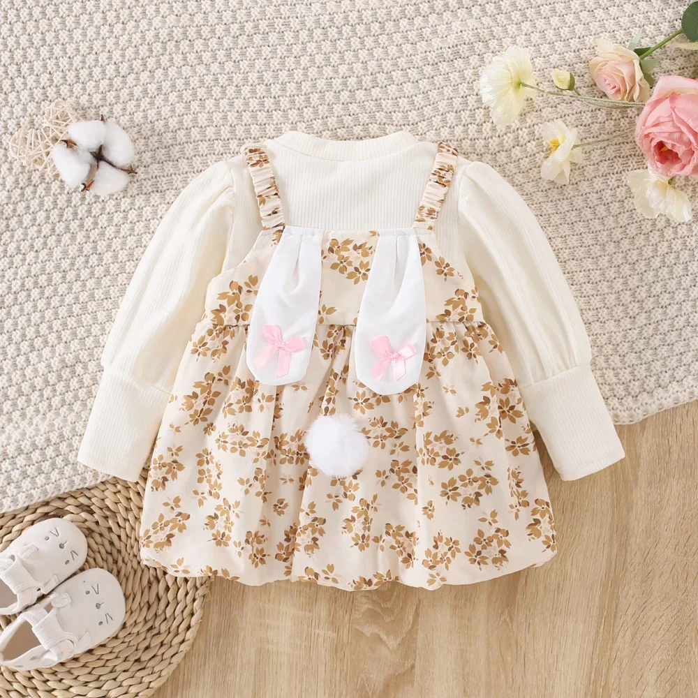 Winter New Girls\' Dress Two-piece Bunny Ears Fluffy Tail Long Sleeve Knitwear Floral Dress (0-3 Years)