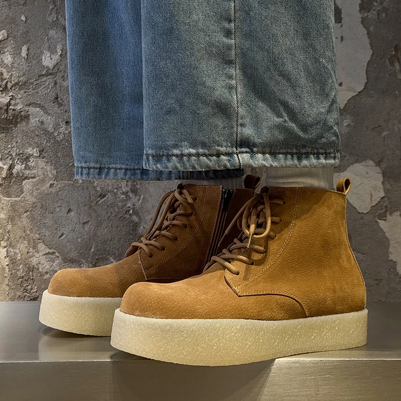 Thick Soled Height Increasing Work Boots for Men Solid Color Anti Suede Lace Up Short Boots for Youth Daily Outdoor Hiking Shoes view 4