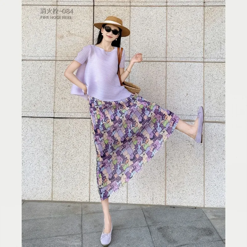 

Women's Pleated Two-Piece Set Short Sleeve Top Floral Print Midi Skirt Elegant Slim Outfit In Purple