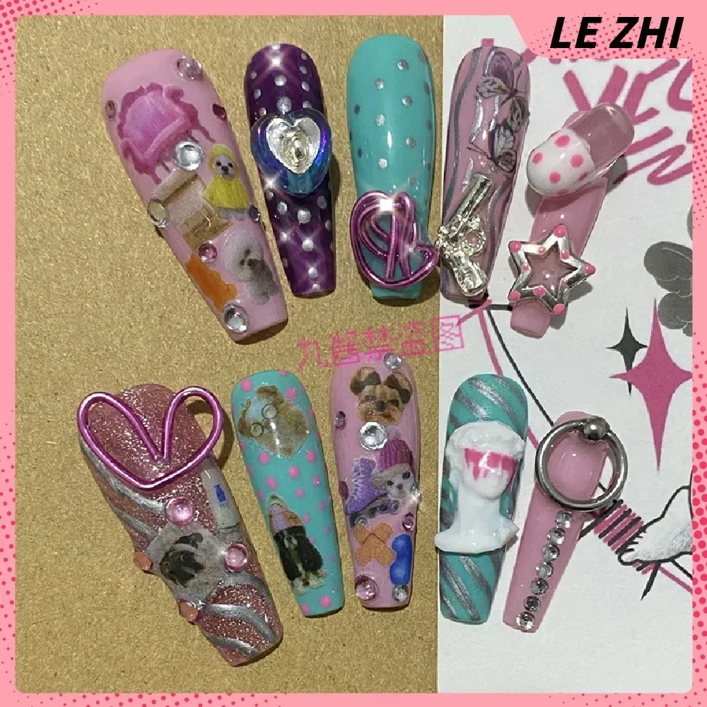 Sweet Cool Long Square Sexy Lace Press On Nails Long Coffin Leopard Cherry Reusable Full Cover Nail Party Sticker