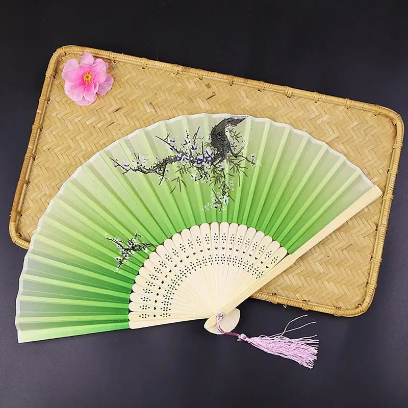 Handheld Folding Fan Silk Made Ancient Japanese Hand Fan With Tassels Noise Less Stylish Fan Vintage Chinese Decoration