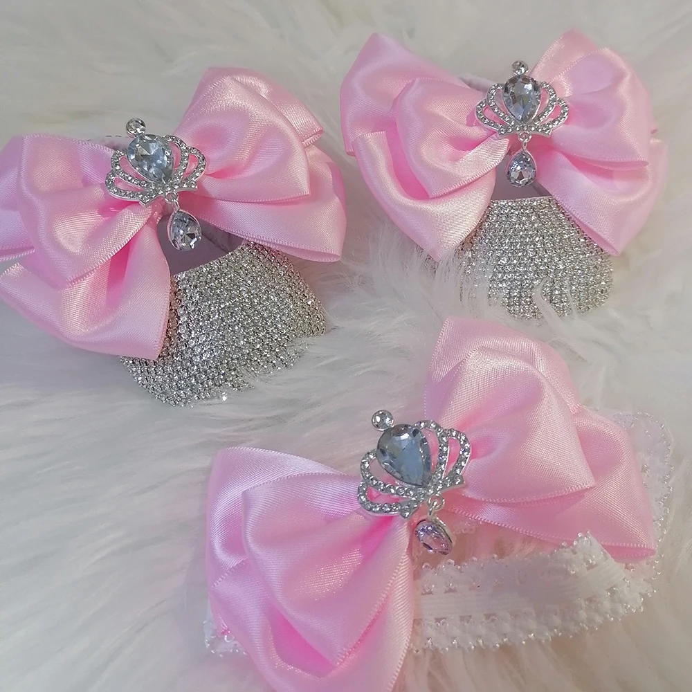 Handmade Bow Rhinestones Baby Girl Kids Shoes Hairband Sunglasses Comb First Walker Sparkle Bling Crystals Princess Shower Gift