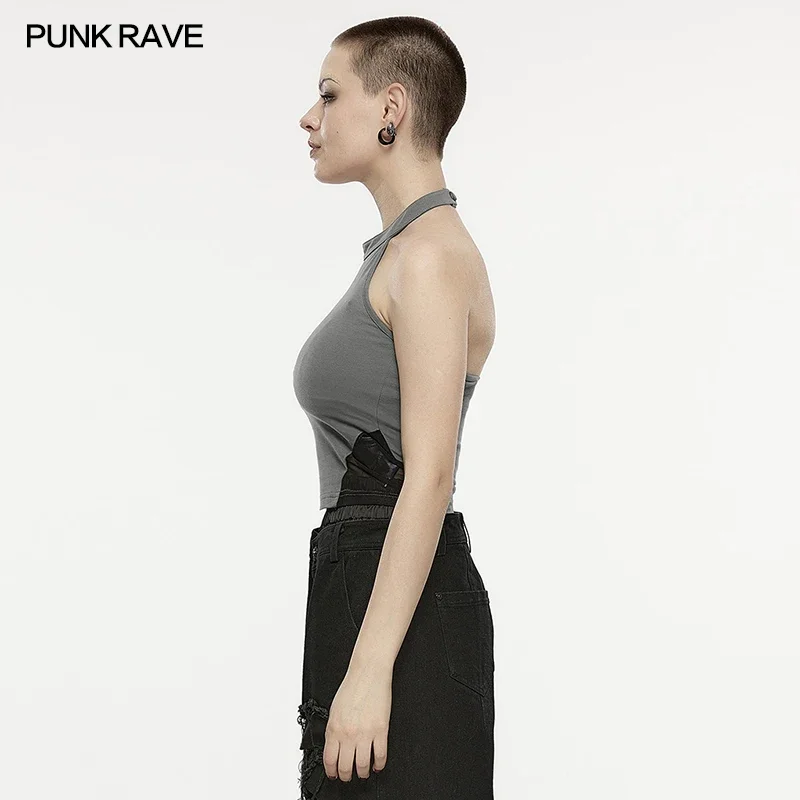 PUNK RAVE Women's Reversible Printed Gray Sexy Halterneck Vest Punk Daily Ink Dragon Totem Printing Female Tanks Tops Summer