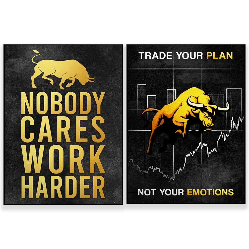 1 toile sans cadre avec citation « Nobody Cares Work Harder », affiche murale encadrée sur toile, thème finance et bourse, art motivant