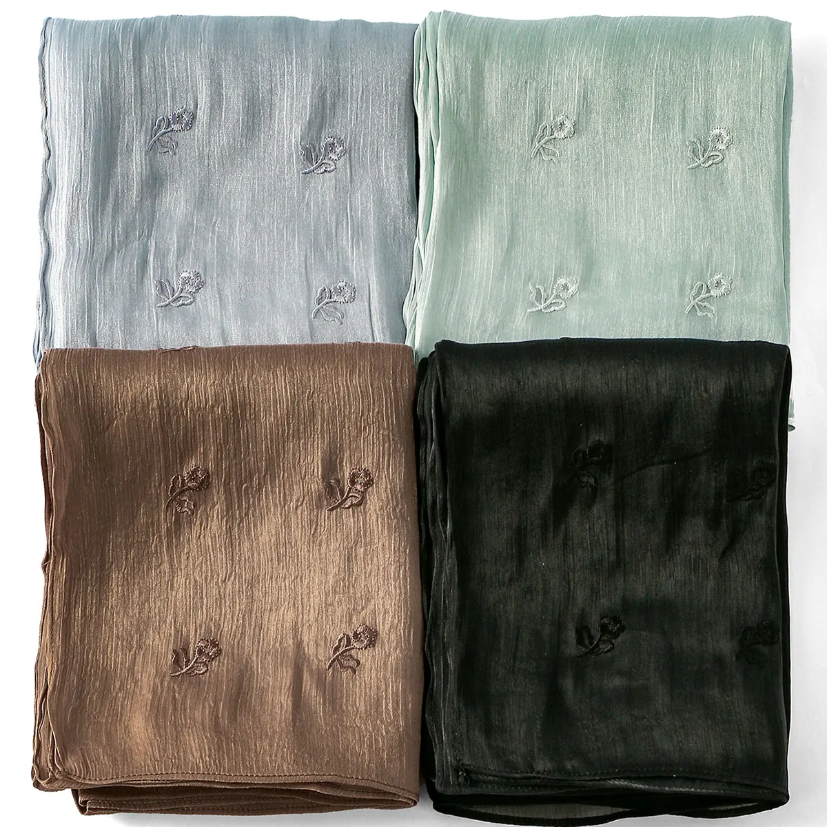 

Fashion Embroidery Silk Crinkle Hijab Scarf Women Shimmer Shawls Plain Muslim Women Hijabs Islam Turban Pleated Scarf Ramadan