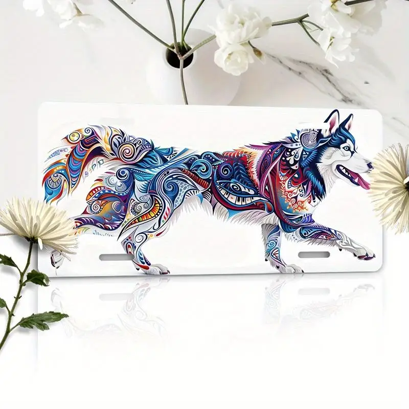 [Open ]2D Flat, 1-Pack Lively Husky Dog Pattern Car Tag Plaque 6X12 Inch, Full Color Design, Running Smiling Pose, Car Front Lic