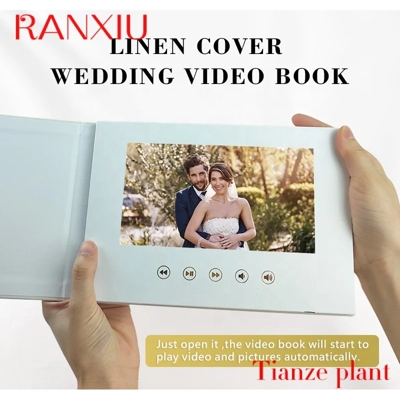 Nuestro libro de video de boda de lámina dorada con pantalla IPS de 7 pulgadas, encuadernado de lino y batería recargable, álbum de Video