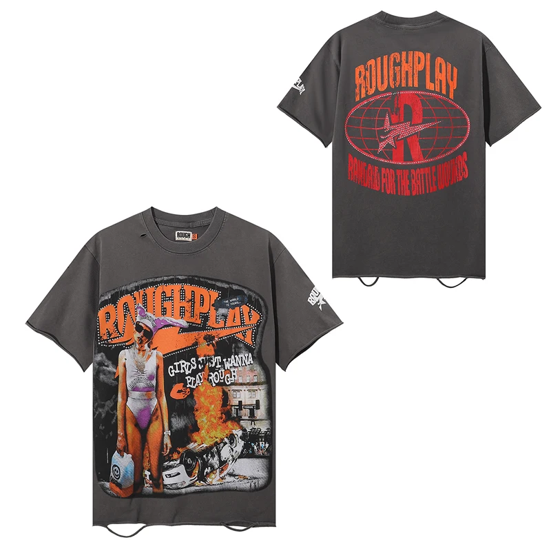 2026 Men's Women's Rough Play T-Shirt New American Retro Weathered Print Beaded Details Short Sleeve