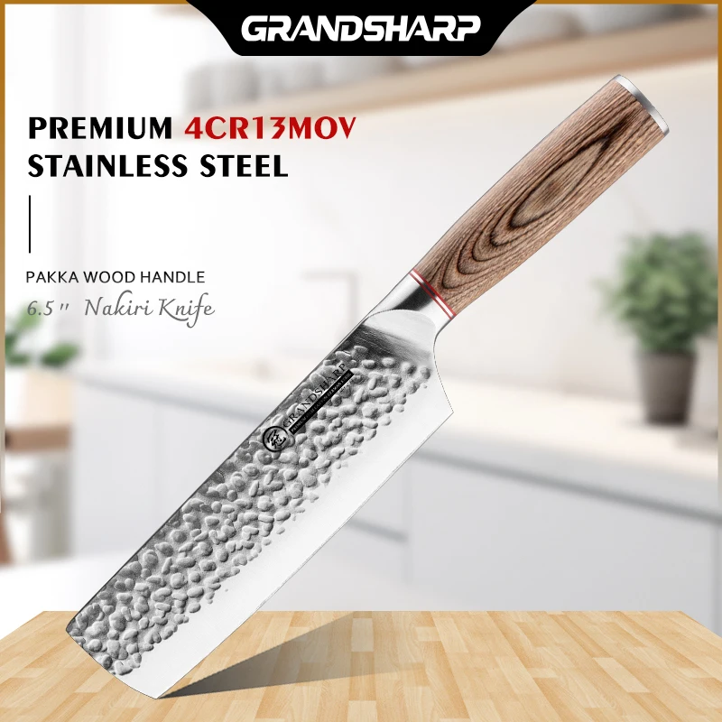 Grandsharp 6.5 Inch Nakiri Knife 4CR13 Stainless Steel Forged Hammer Stripe Blade Pakka Wood Handle Meat Vegetables Cutting Tool