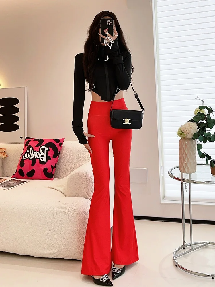 بنطلون نسائي بخصر عالٍ وأرجل واسعة، مبطن بالصوف، يساعد على تنحيف الجسم، لون أحمر، تصميم مثير وشخصي، يرفع المؤخرة، بنطلون طويل #5