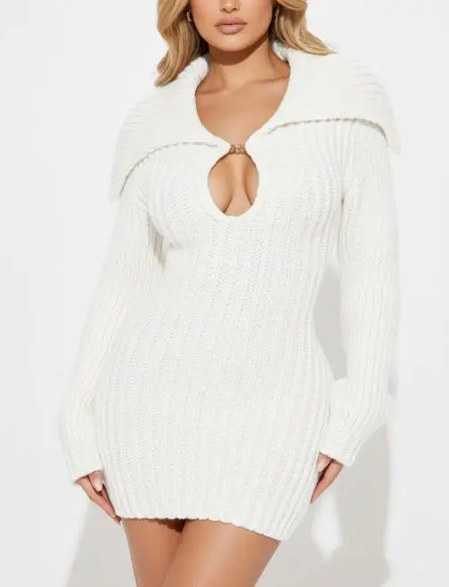 2025 Elegant Sexy New Fashion Commuting Winter Big Collar Slim Fit Elastic Lantern Sleeve Woolen Dress