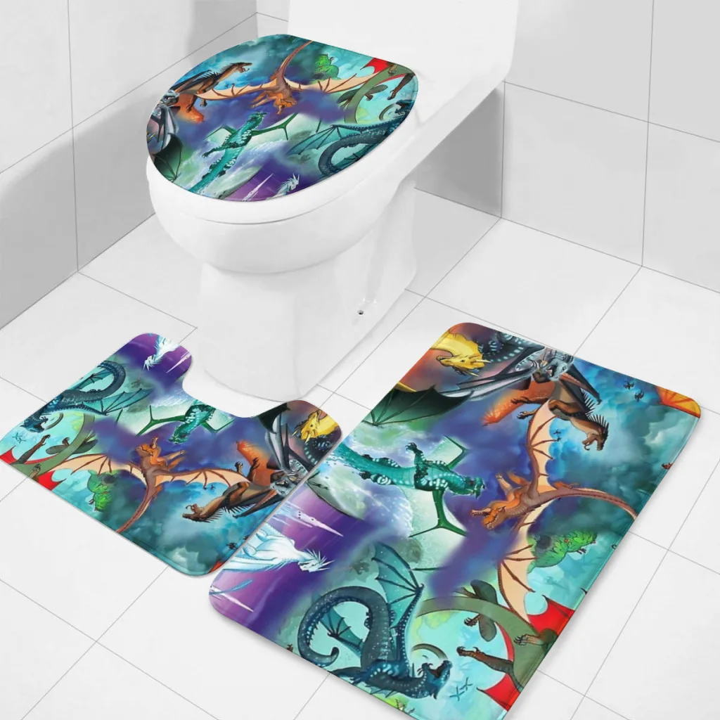 Wing of fire all dragon Pattern Background Bathroom Rugs Set 3 Piece U-Shaped Toilet Rug Soft Non-Slip Thick Bath Mat