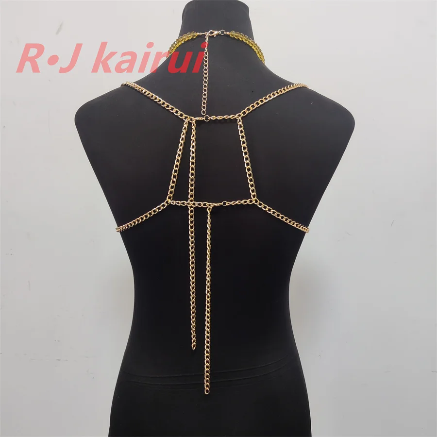 RJ Fashion Sexy Metal Yellow Red Crystal Glass Beads Neck Body Chain Halter Dress Masquerade Stage Party Jewelry Accessories
