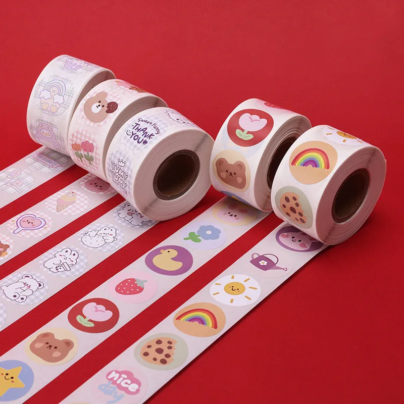 500PCS/Roll Kawaii Cartoon Round Sealing Sticker Self-Adhesive Cute Children’s Stickers Reward Diy Material Sticker Toy Gift