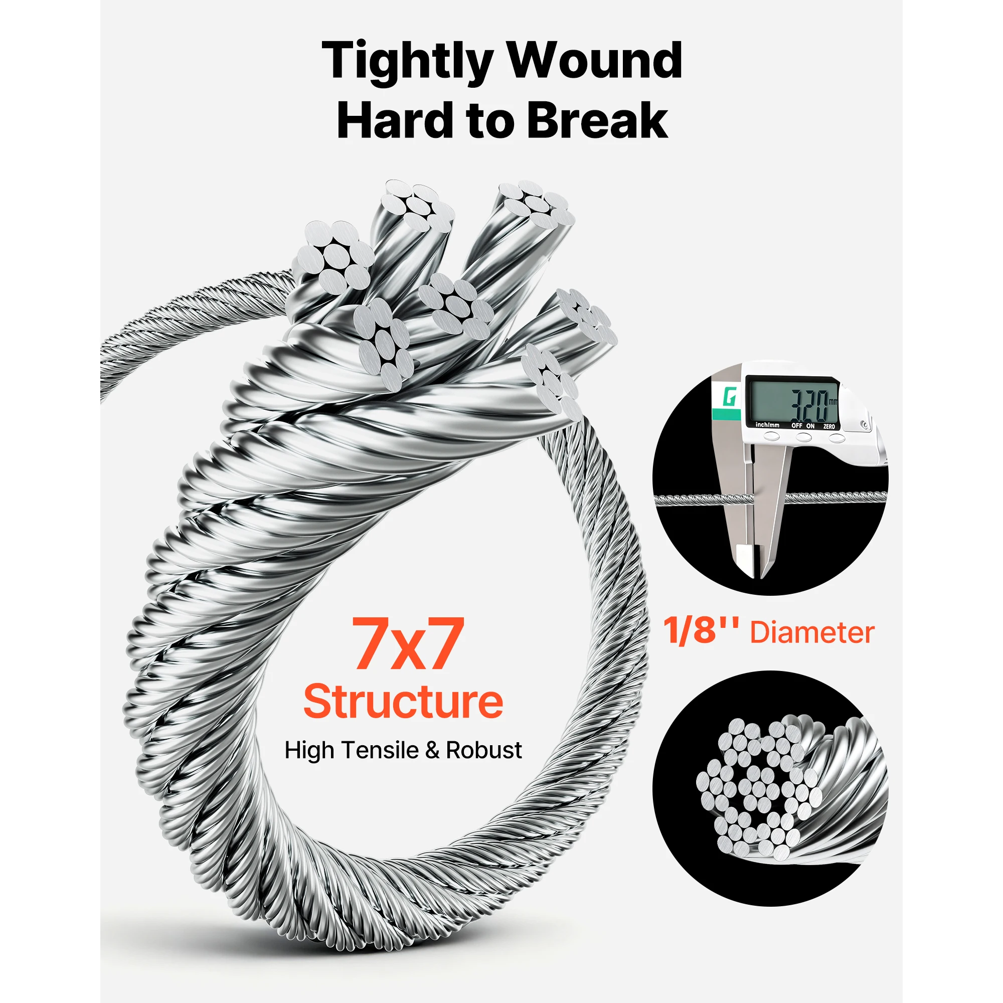 SucceBuy 1/8in Wire Rope Kit 100ft 304 Stainless Steel Wire Cable with Cutter 1600LBS 7x7 Strands Steel Cable for Garden Trellis