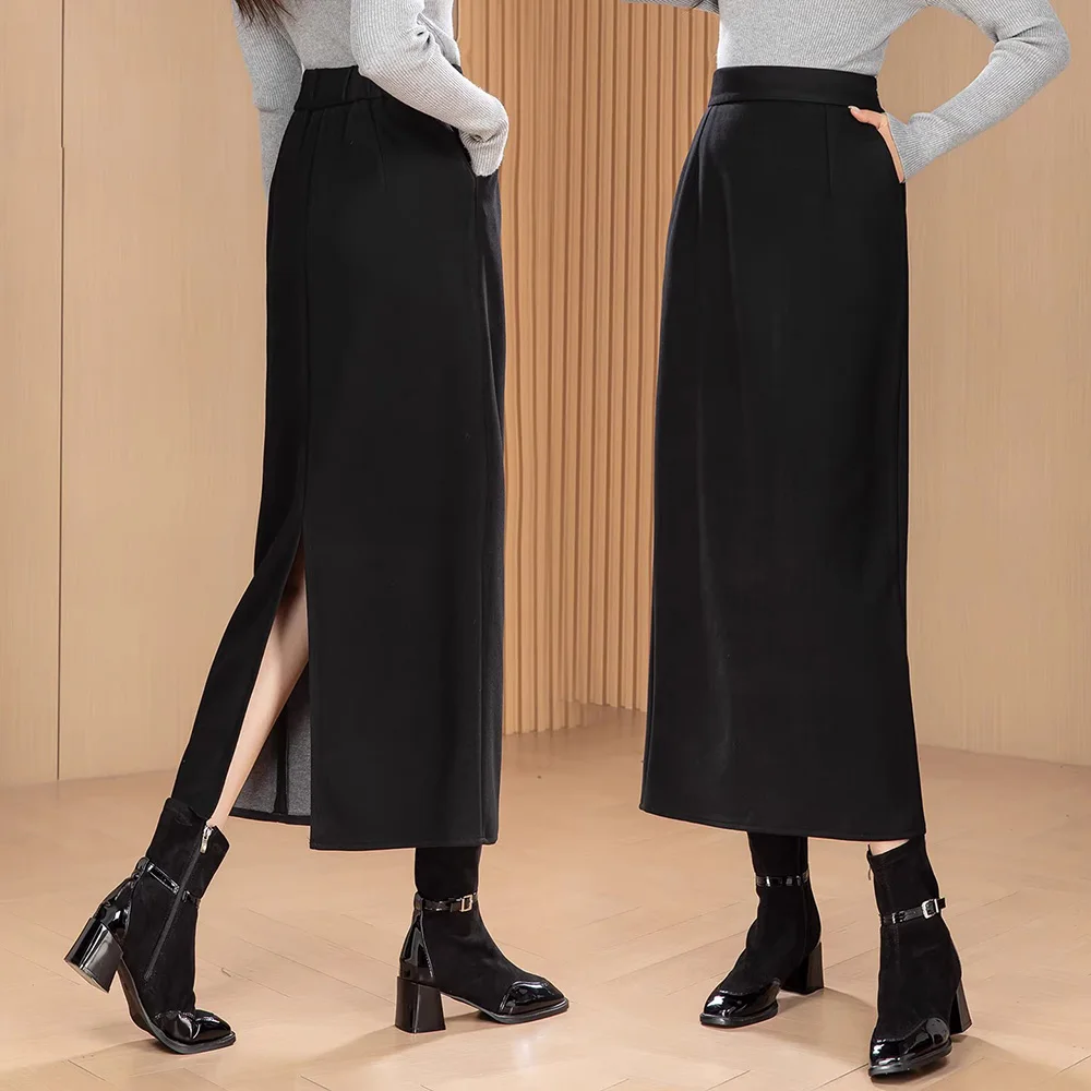 

Новая женская однотонная длинная юбка, осенняя модная эластичная прямая юбка с высокой талией и разрезом, простая повседневная женская юбка-карандаш