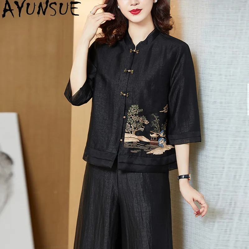 AYUNSUE 100% Mulberry Silk Coat Women Xiangyunsha Embroidered Autumn Clothing Frog Button Tops for Women 2026 Casaco Feminino
