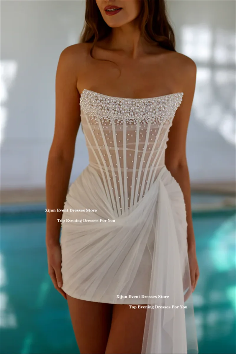Xijun Modern Ivory Short Wedding Dresses Pearls Sleeveless Pleats Prom Gowns Formal Cocktail Birthday Party Dresses Customize image 2