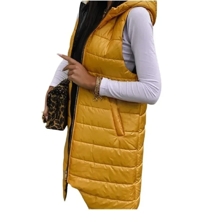 Winter Women\'s Shiny Long Vest Coat Solid Hooded Sleeveless Zipper Jacket Plus Size Warm Thick Casual Parka Outwear Fashion 2023